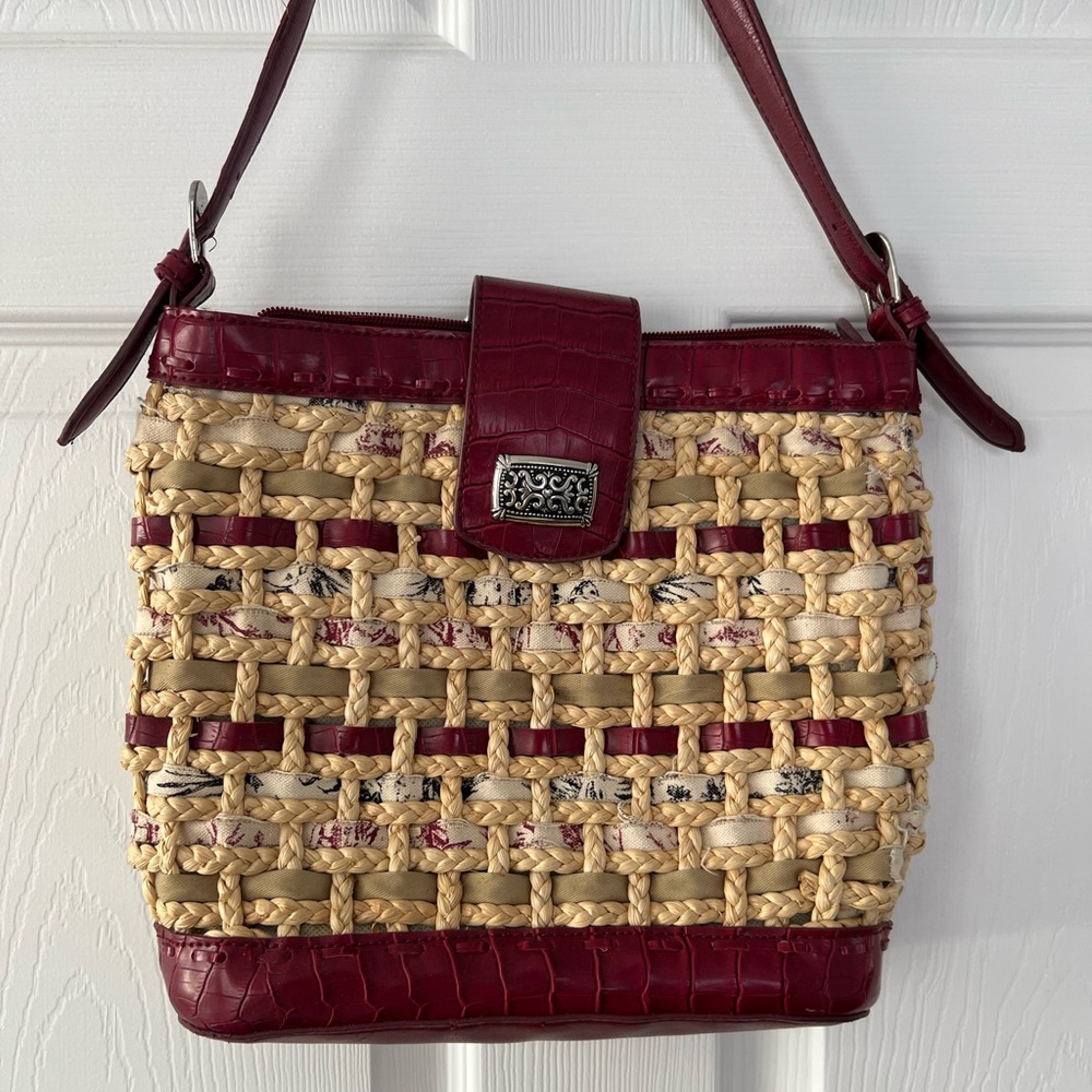 VINTAGE Red Leather / Woven Straw Purse